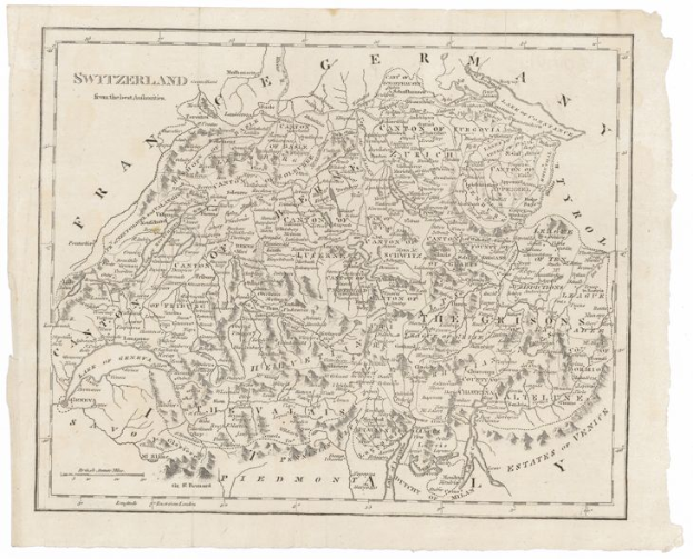 Ein detailliertes altes Kartenbild von der Schweiz und Deutschland, das geographische Elemente wie Flüsse, Berge und Städte zeigt, mit Text in einer klassischen Schriftart.