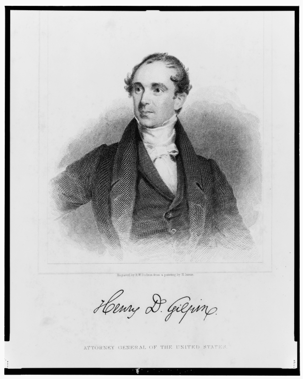 Schwarzes und weißes Porträt von Henry D. Gilpin, einem ehemaligen Justizminister der Vereinigten Staaten, der einen Anzug trägt und ernst dreinschaut, mit Text am unteren Bildrand.