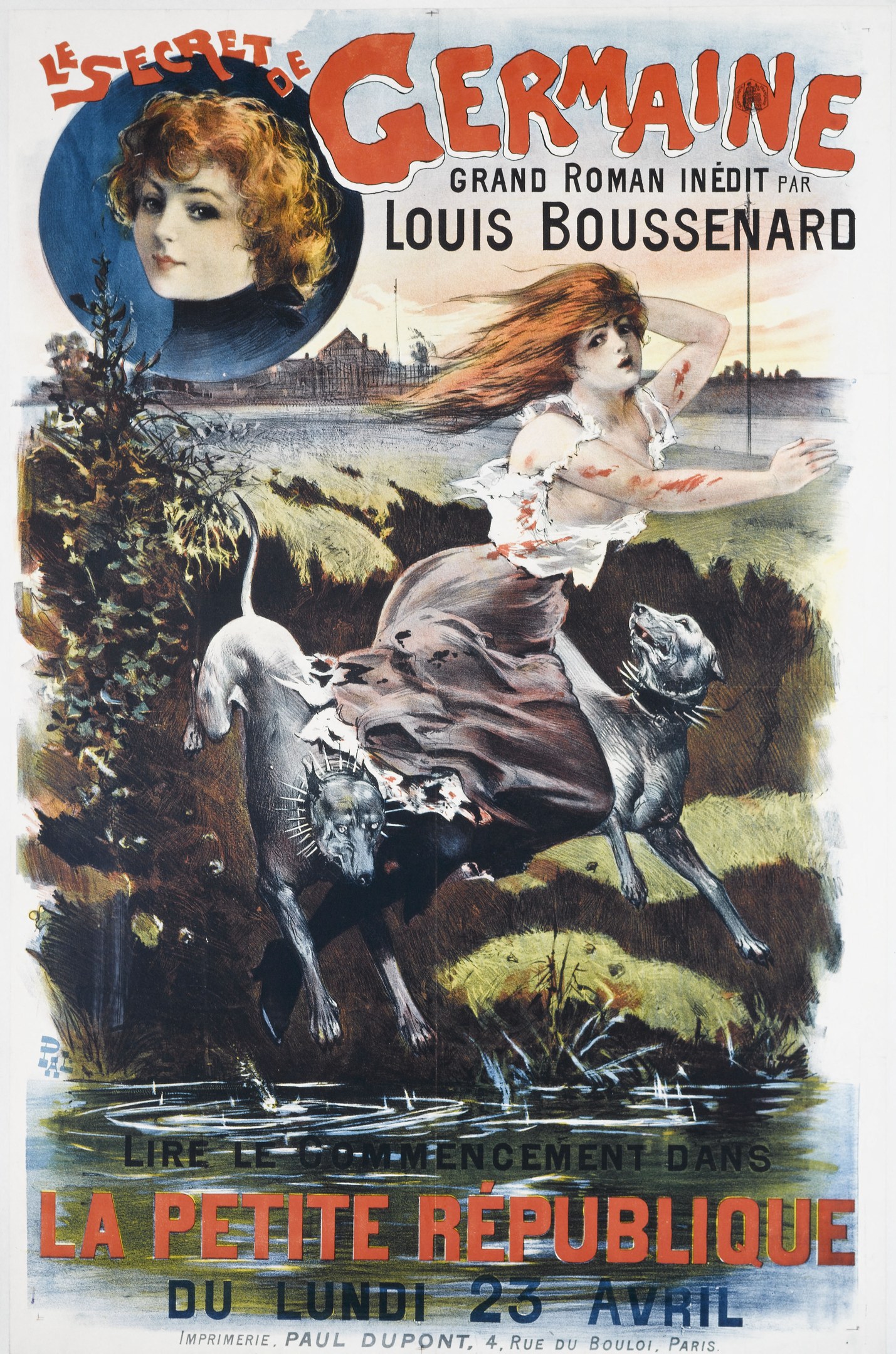 Französischer Filmplakat für "Das Geheimnis Deutschlands" mit einem Frauengesicht umgeben von Tieren, Pflanzen und Wasser mit Text.