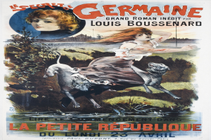 Französischer Filmplakat für "Das Geheimnis Deutschlands" mit einem Frauengesicht umgeben von Tieren, Pflanzen und Wasser mit Text.