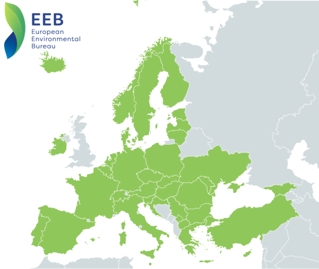 Eine Europakarte mit dem Logo des Europäischen Umweltbundes im linken oberen Eck, die in verschiedenen Grüntönen schattiert ist, um EU-Regionen anzuzeigen.