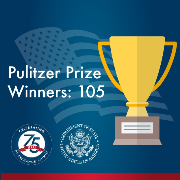 Plakat mit der Überschrift "Pulitzer-Preis-Gewinner 105", das ein zentrales Pokalsymbol und Text und Logos zeigt.