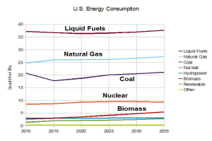 Eine Liniengraphik, die die Energieverbrauchstrends der USA für Erdgas, Kohle, Kernenergie und Biomasse zeigt, mit begleitendem Erl├Ąuterungstext.