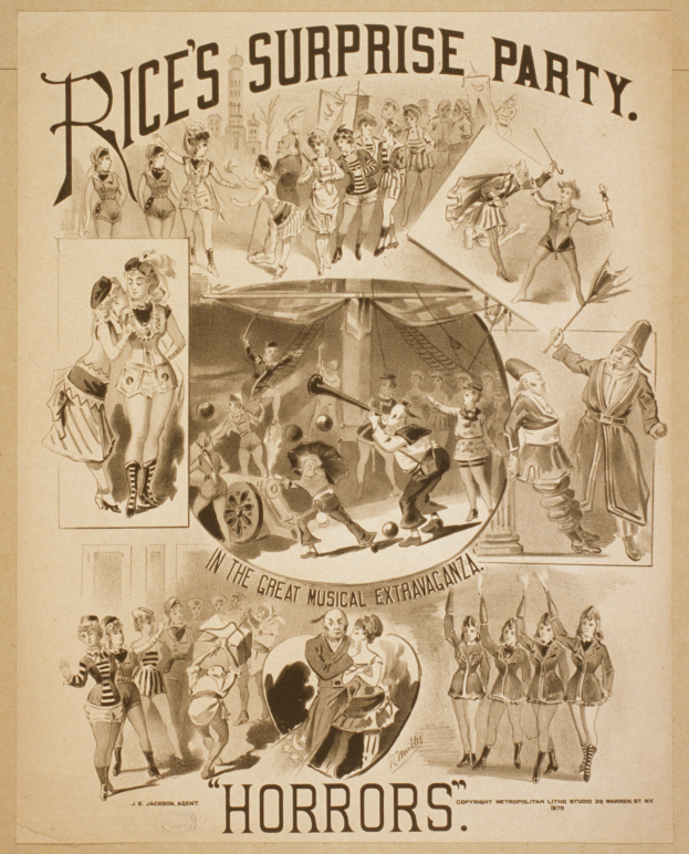 Ein Blatt mit Fotos von lachenden und fröhlichen Menschen auf einer Party, mit fetter Schrift, die "Rice's Überraschungsparty im Großen Musikalischen Spektakel" auf einem hellgelben Hintergrund liest.