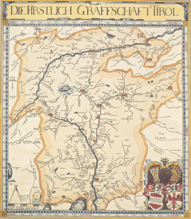 Ein detailliertes historisches Poster der ersten Grafschaft Tirol mit einer Karte, die geografische Merkmale wie Flüsse, Berge und Städte zeigt, sowie erklärendem Text.
