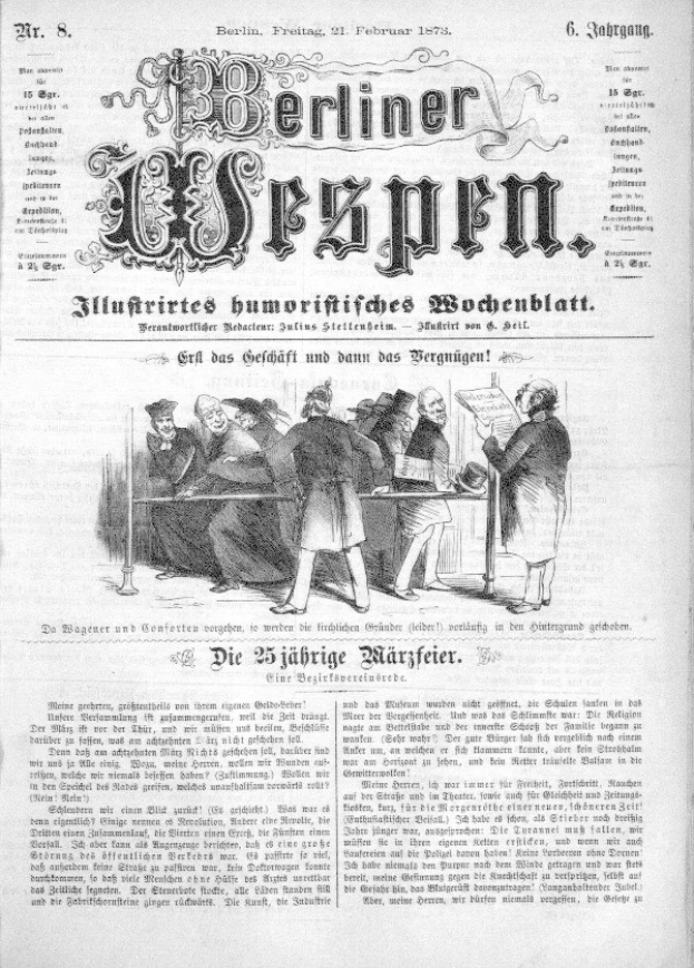 Schwarz-weißes Bild einer Berliner Wespen-Zeitung von 1873 mit einer Gruppe von Menschen in traditioneller deutscher Kleidung, die sich unterhalten, mit sichtbarem deutschem Text.