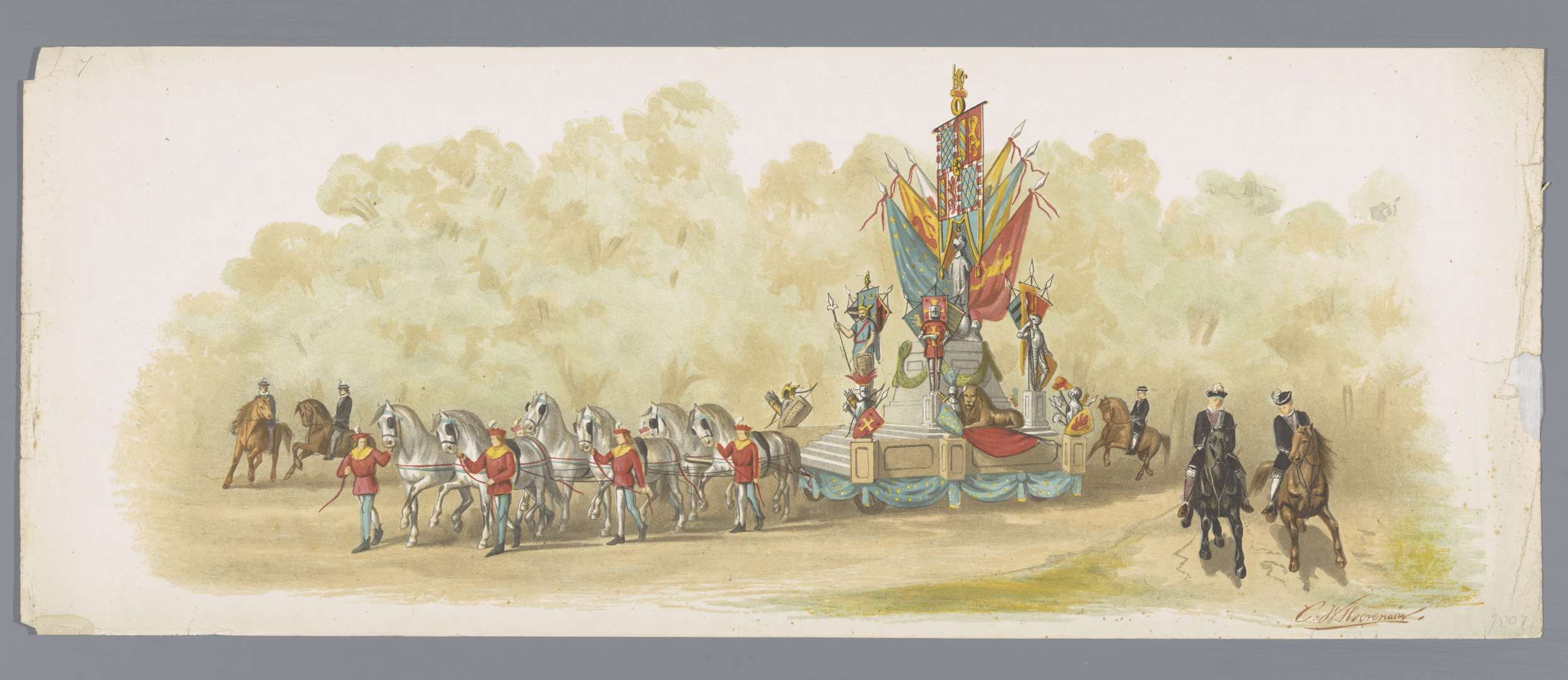 Ein Gemälde eines Karnevalsumzugs mit Menschen in bunten Kostümen, die auf Pferden vor einem geschmückten Festwagen reiten, vor einem klaren blauen Himmel mit Bäumen im Hintergrund.