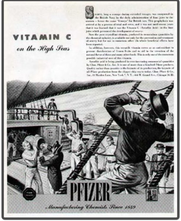 Werbung für Pfizer Vitamin C auf einem Schiff, mit einem Plakat mit Text und Bildern von Menschen, Seilen und einem Schiff.