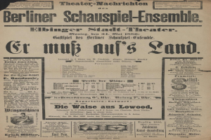 Eine alte Zeitungsanzeige aus dem Jahr 1866 für das Berliner Schauspiel-Ensemble, die einen Mann im Anzug und mit Krawatte zeigt, sowie beschreibenden Text enthält.
