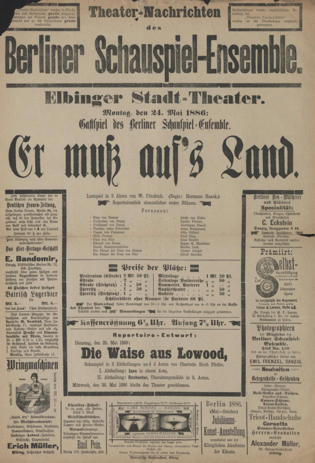 Eine alte Zeitungsanzeige aus dem Jahr 1866 für das Berliner Schauspiel-Ensemble, die einen Mann im Anzug und mit Krawatte zeigt, sowie beschreibenden Text enthält.