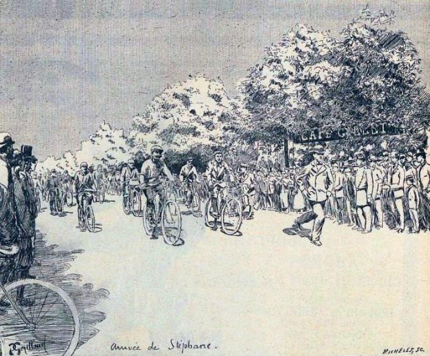 Eine bunte Illustration von Radfahrern in leuchtender Kleidung und Helmen, die eine von Bäumen gesäumte Straße hinunterfahren, mit dem Text "Annie de Stipbane - Tour de France" unten.