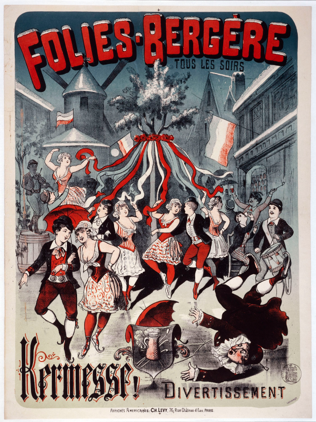 Ein Plakat für das Folies-Bergère-Festival in Paris, das eine Gruppe von Menschen zeigt, die im Vordergrund tanzen, mit Gebäuden, Fahnen und einem Baum im Hintergrund und französischem Text oben und unten.