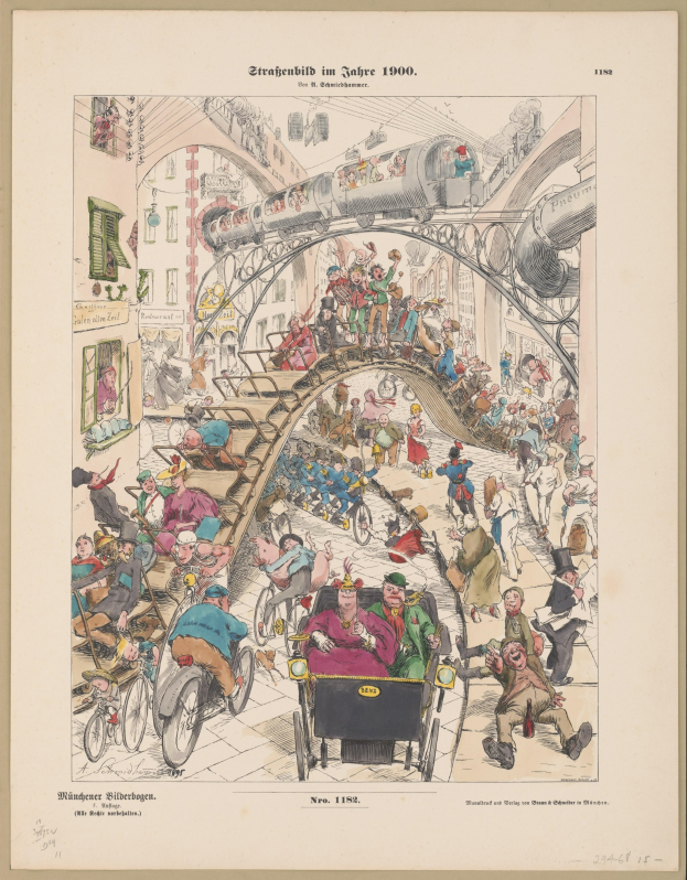 Schwarz-weiß-Illustration eines überfüllten Bahnhofs aus dem Jahr 1900, eingerahmt von einem Foto, mit Menschen, die in verschiedene Richtungen schauen und besorgt aussehen.