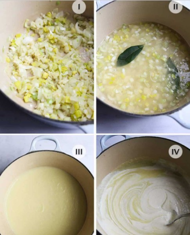 Ein Collage aus vier Fotos, die den Prozess des Kochens zeigen: Gemüse schneiden, Zutaten hinzufügen, mischen und die fertige Suppe zum Servieren.