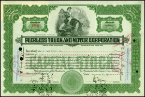 Schwarzes Hintergrund-Aktienzertifikat für Peerless Truck & Motor Corporation mit zwei Personen und Unternehmensnamens-Text.