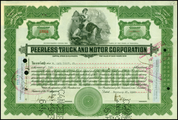 Schwarzes Hintergrund-Aktienzertifikat für Peerless Truck & Motor Corporation mit zwei Personen und Unternehmensnamens-Text.