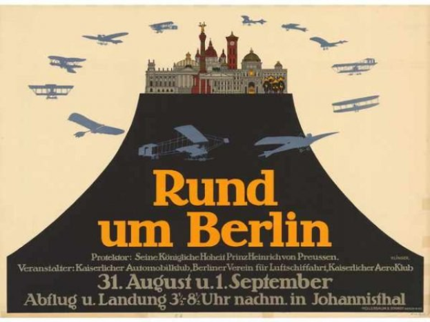 Plakat für eine Berliner Luftschau mit mehreren Flugzeugen, die über einem Gebäude mit der Aufschrift "Rund um Berlin" fliegen