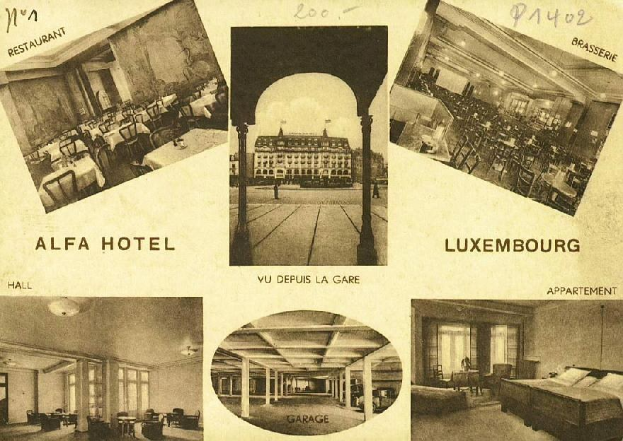 Eine alte Postkarte des Alfa Hotels in Luxemburg, die eine Collage von Innenraumaufnahmen einschließlich Möbeln, Betten, Säulen und Fenstern zeigt, sowie beschreibenden Text enthält.