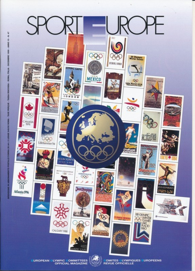 Ein Buchumschlag mit dem Titel "Sport in Europa", der lebendige olympische Bilder, Symbole und Texte zeigt.