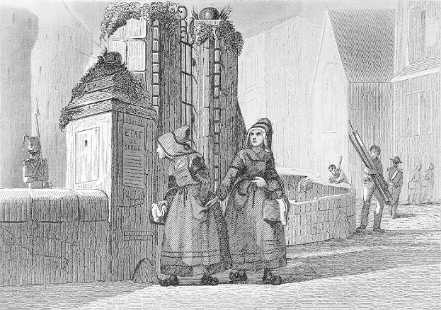 Schwarz-Weiß-Gravur Von Zweien Frauen, Die Vor Einem Gebäude Stehen, Mit Anderen Leuten Im Hintergrund Und Text Lesend "Victorianische Frauen In Der Stadt Von London" Unten.