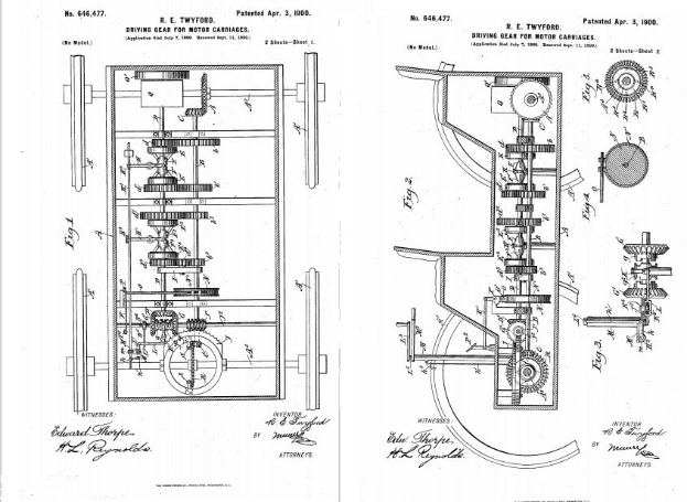 Schwarz-weiß-technische Zeichnung eines getrieberollen frühen Automobildes auf altem Papier mit handschriftlichen Anmerkungen.