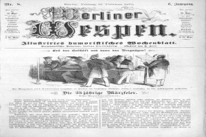 Eine alte deutsche Zeitung namens 'Berliner Wespen' vom 21. Februar 1873, die ein Foto einer Gruppe von Menschen in traditioneller deutscher Kleidung zeigt, die sich unterhält.