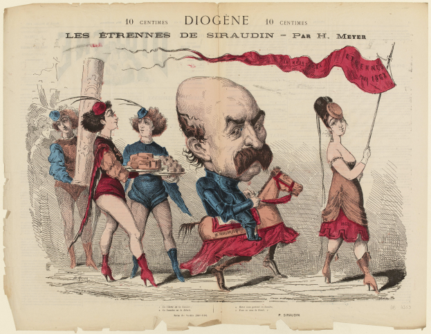 Ein altes Buchcover mit einer Karikatur eines Mannes in einem Anzug auf einem Pferd, neben ihm eine Frau mit einer Fahne, beide schauen sich an, und der Text 'Siraudin' auf dem Cover.