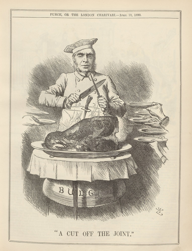 Ein Mann hält ein Messer in der Hand, mit einem Teller mit Essen davor und verschiedenen Tellern und Gegenständen auf der rechten Seite, mit Text unten, der 'ein Schnitt vom Gelenk' lautet.