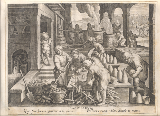 Eine Gravur einer Gruppe von Menschen, die in einer Fabrik arbeiten, einige halten Werkzeuge, mit Töpfen, Eimern und anderen Gegenständen, die herumliegen, und Text unten.