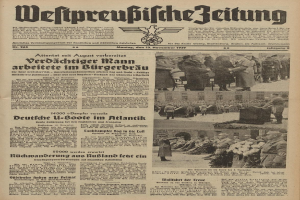 Alte Zeitungsvorderseite der 'Weitpreubliche Zeitung' vom 13. November 1939 mit einer Gruppe in traditioneller deutscher Tracht beim Feiern.