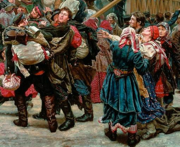 Gemälde, das eine lebhafte Szene von Menschen zeigt, die in traditioneller russischer Kleidung während der russischen Revolution tanzen, mit einigen Gegenständen in der Hand, vor einer Menge und einem hölzernen Haus.