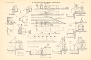 Eine handgezeichnete Skizze von Maschinen, einschließlich Kränen, mit begleitenden handschriftlichen Notizen, die Komponenten beschreiben.