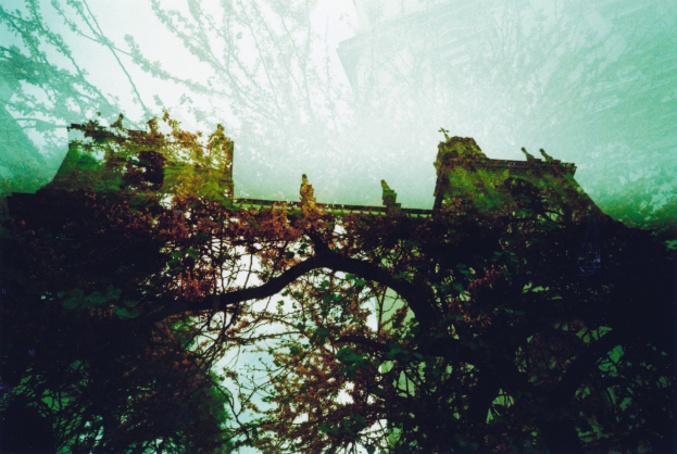 Bäume in der Nähe eines historischen Gebäudes mit einer Brücke.