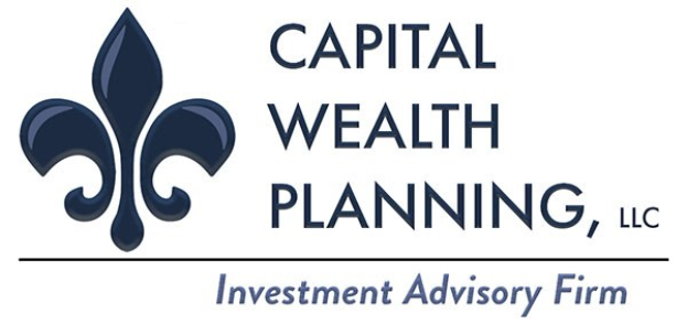 Logo von Capital Wealth Planning, LLC, bestehend aus einem blauen Kreis mit weißer Umrandung und einem weißen "C" in der Mitte, umgeben von einem weißen Ring mit blauem Text "Capital Wealth Planning" und weißem Text darunter "Investment Advisory Firm."