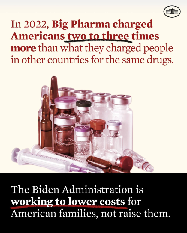 Plakat, das zeigt, dass Amerikaner im Jahr 2022 doppelt bis dreimal so viel für Medikamente gezahlt haben wie andere Länder, mit Bildern von Medikamentenflaschen und einer Spritze.