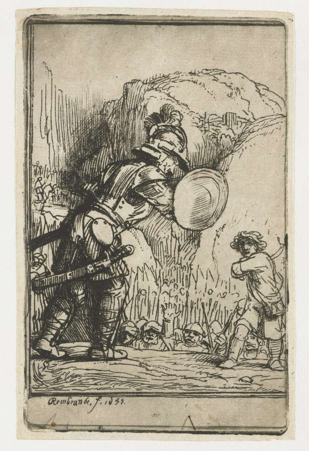 Eine Schwarz-Weiß-Zeichnung eines Mannes in Rüstung, identifiziert als Rembrandt Harmensz van Rijn, der vor einer Gruppe von Menschen steht und einen Schild und ein Schwert hält, mit Text am unteren Rand des Bildes.