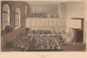 Eine Zeichnung eines Gerichtssaals mit Menschen auf St├╝hlen und Stehpl├Ątzen, einem Podium mit Mikrofon auf der rechten Seite, Fenstern auf der linken Seite und Text unten.