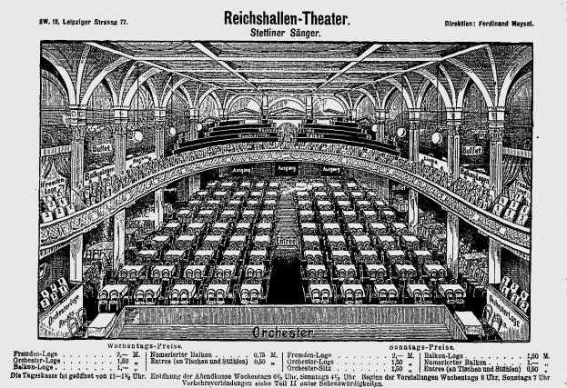 Eine Schwarz-Weiß-Zeichnung des Reichshallen-Theaters in Berlin, Deutschland, die das Auditorium mit Sitzreihen, Säulen und einer Decke zeigt, mit Text am unteren Rand.