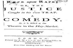 Schwarzes und weißes Plakat mit fetter schwarzer Schrift, die 'Vergewaltigung über Vergewaltigung oder die Justiz in seiner eigenen Falle' liest, wahrscheinlich Ankündigung einer Comedy-Show.