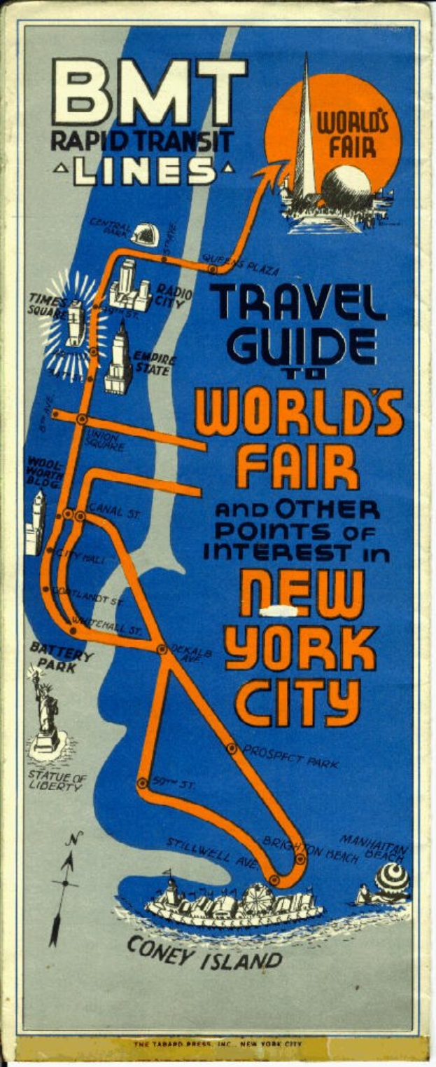 Ein Plakat mit einer Karte der New York World's Fair 1964-65 und Textangaben zu dem Ereignis und seinen Attraktionen.