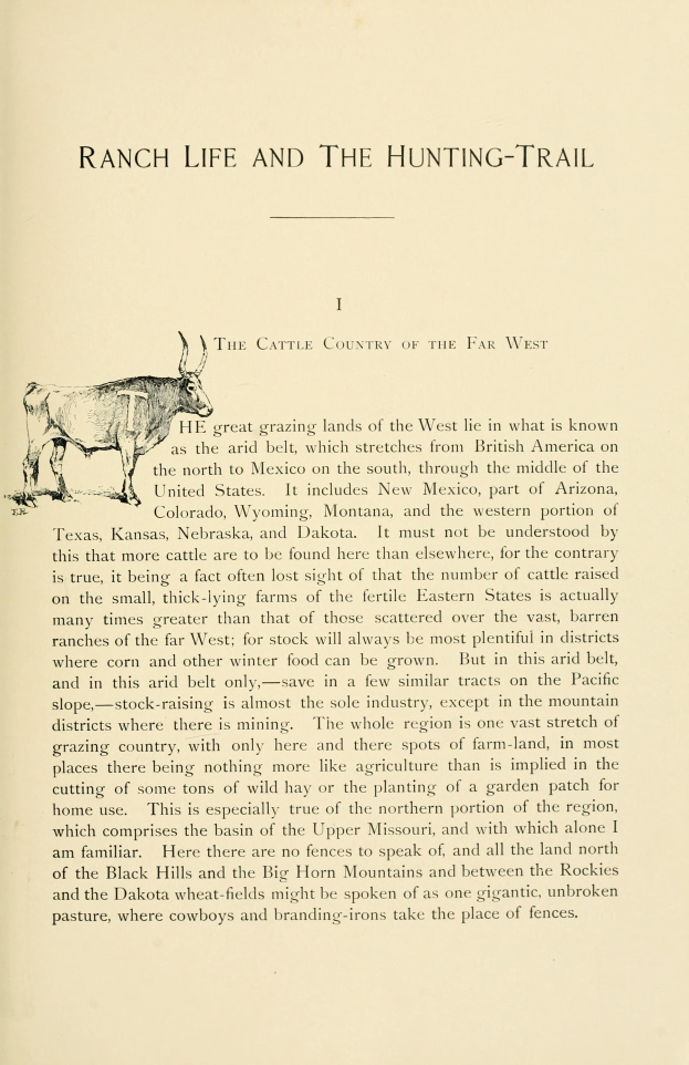 Ein aufgeschlagenes Buch mit einer realistischen Zeichnung einer Kuh und der fett gedruckten Schrift "Ranch Life and the Hunting-Trail" darunter.