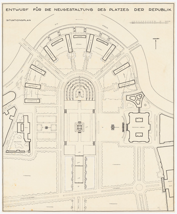Schwarzes und weißes Architekturplan von Berlin, Deutschland, mit einer zentralen Gebäudeillustration und detaillierten Textanmerkungen.