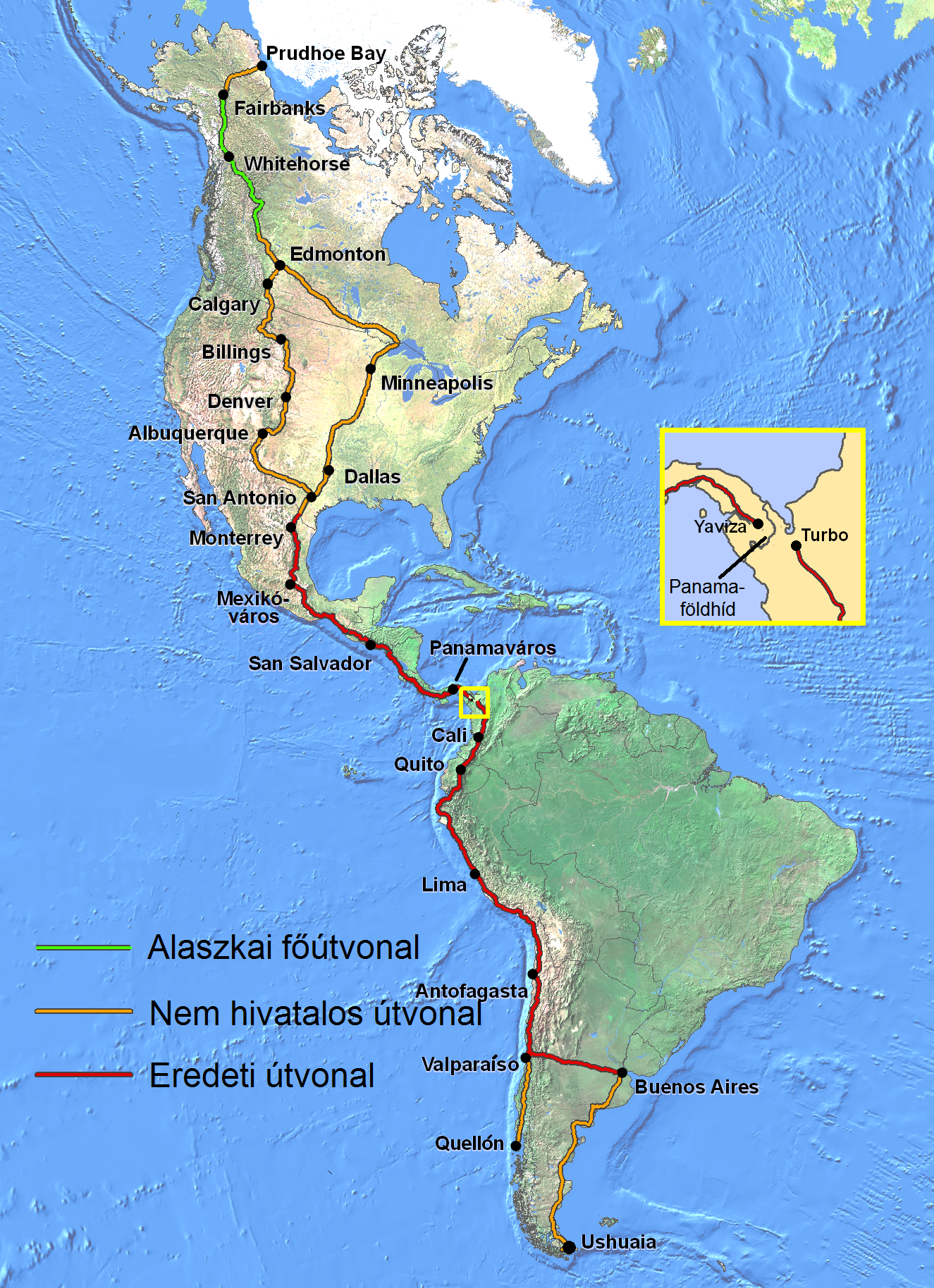 Ein detaillierter Kartenausschnitt von Südamerika, der die Route der Transkontinentalen Eisenbahn mit einer gestrichelten Linie hervorhebt, zeigt Städte, Ortschaften und geografische Merkmale sowie Text mit Routeninformationen.