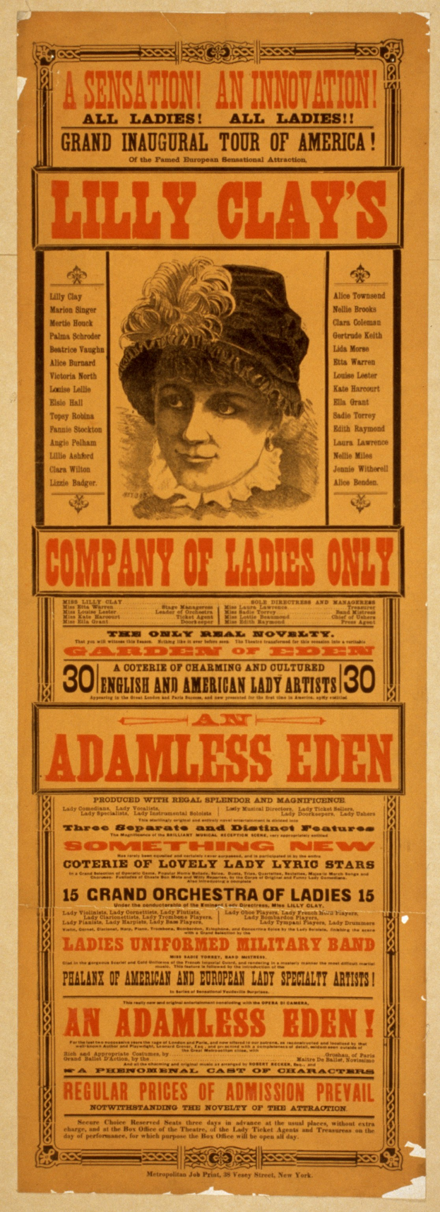 Eine alte Werbung für die Damen-only-Bühne von Lilly Clay, die ein Gesicht in der Mitte mit umgebendem Text zeigt.