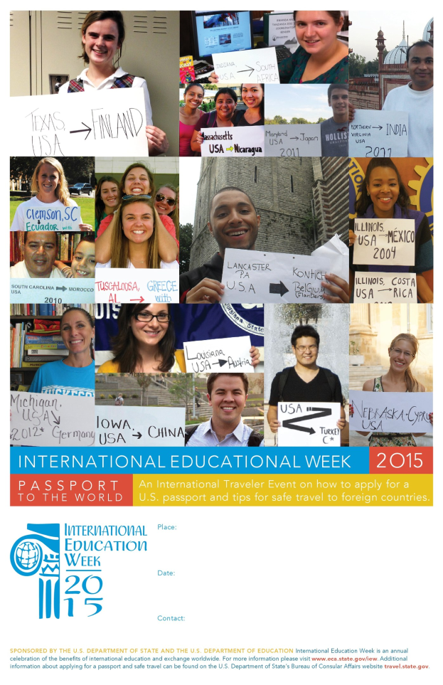 Internationaler Bildungswoche 2015 Plakat zeigt eine Gruppe von lächelnden Menschen mit Schildern in den Händen.