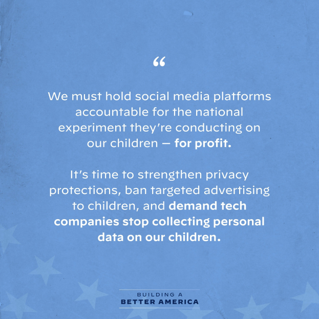 Plakat mit einem Zitat aus "Building a Better America", das soziale Medienplattformen für das Experimentieren an Kindern zum Profit zur Rechenschaft ziehen soll, verziert mit Sternen.