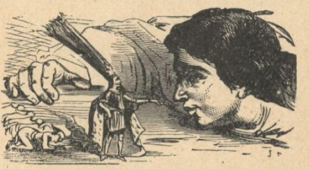 Eine Schwarz-Weiß-Zeichnung eines Mannes, der auf dem Boden liegt und ein Messer in der Hand hält, umgeben von ein paar anderen Menschen, mit dem Text "Die Geschichte des Mannes, der vom Messer getötet wurde" unten.