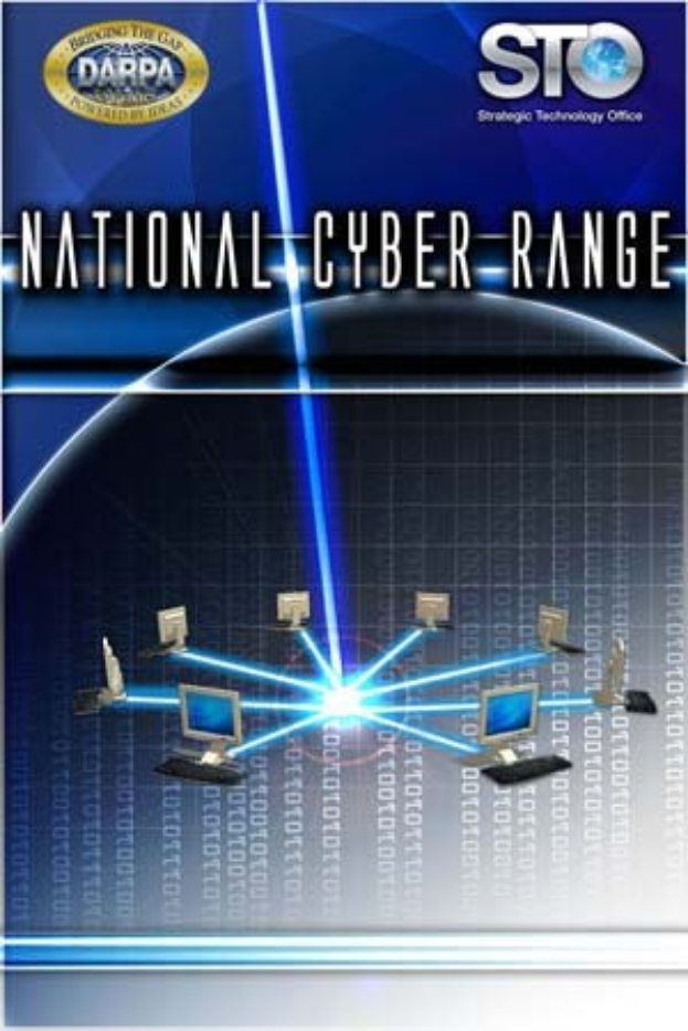 Plakat mit "National Cyber Range" in fetter weißer Schrift auf blauem Hintergrund, das eine Weltkugel mit mehreren daran angeschlossenen Computern zeigt.