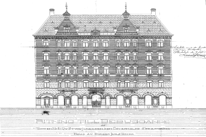 Schwarze und weiße detaillierte Zeichnung des Ritz-Carlton Hotels in Hamburg, Deutschland, mit einem Gebäude mit zahlreichen Fenstern und Text auf der Fassade.