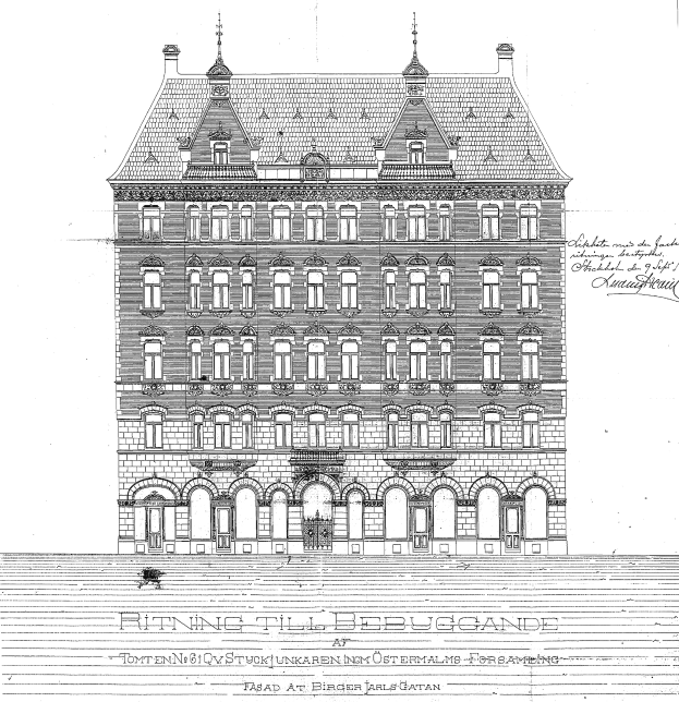 Schwarze und weiße detaillierte Zeichnung des Ritz-Carlton Hotels in Hamburg, Deutschland, mit einem Gebäude mit zahlreichen Fenstern und Text auf der Fassade.